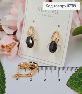 Серьги "Лепесток" с камешками и большим Чёрным камешком 1,7см, англ застежка, Xuping 18К 117319 фото