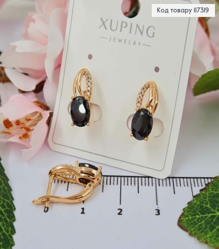 Серьги "Лепесток" с камешками и большим Чёрным камешком 1,7см, англ застежка, Xuping 18К 117319 фото 1