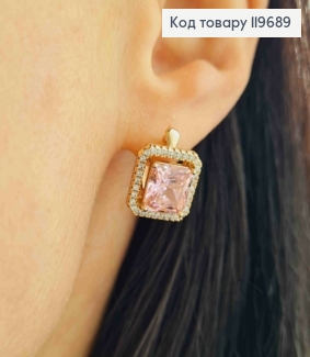 Серьги с Квадратным Розовым камнем в оправе из камешков, дл. 1,5см, англ. застежка, Xuping 18К 119689 фото