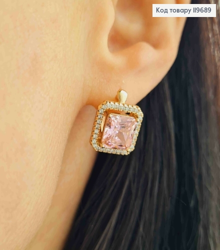 Серьги с Квадратным Розовым камнем в оправе из камешков, дл. 1,5см, англ. застежка, Xuping 18К 119689 фото 1