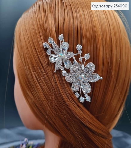 Гребень в волосах, серебряного цвета, Цветочки, в камнях, 7,5см 234090 фото 1