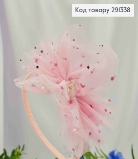 Обруч пластик с бантиком в паетках с бусинками, розового цвета. 291338 фото