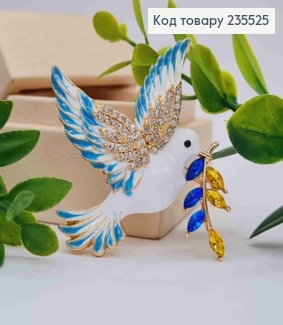 Брошь металл "ГОЛУБ МИРА" с веточкой из Желто-Синих камней, 5,5*6см 235525 фото