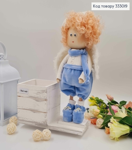 Лялька АМУРЧИК (32см) в блакитних штанцях з дерев"яним кашпо (11*11см) см,ручна робота, Україна 333019 фото 1