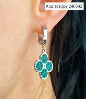 Серьги кольца 1cм, четыре колечка с зеленой полосатой эмалью, Сталь Stainless Steel 240342 фото