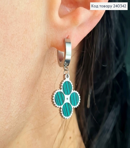 Серьги кольца 1cм, четыре колечка с зеленой полосатой эмалью, Сталь Stainless Steel 240342 фото 1