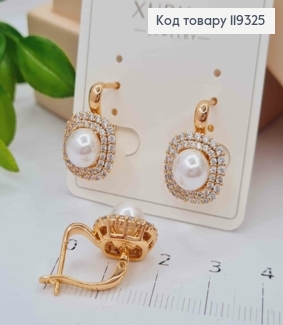 Серьги с блестящими камешками и жемчужиной, длина 1,8см, английская застежка, XUPING 18K 119325 фото
