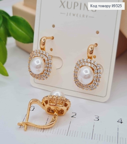 Серьги с блестящими камешками и жемчужиной, длина 1,8см, английская застежка, XUPING 18K 119325 фото 1
