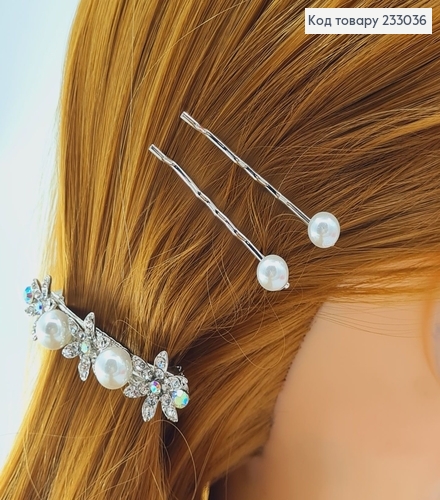 Набор заколок Автоматик + 2 невидимки серебряного цвета в камнях 233036 фото 1