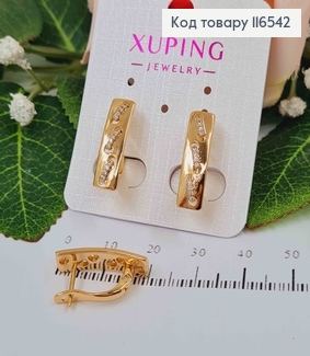 Серьги пластинки, с тремя шелчиками в камнях, 2см, англ. зам. Xuping 18K 116542 фото