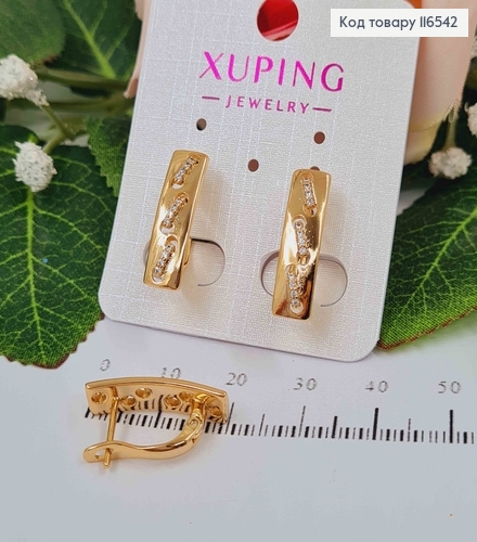 Серьги пластинки, с тремя шелчиками в камнях, 2см, англ. зам. Xuping 18K 116542 фото 1