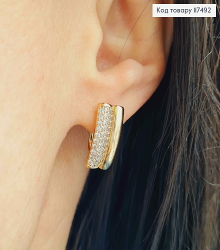 Серьги Прямоугольные с Блестящими камешками в три ряда, 1,6см, английская застежка, Xuping 18К 117492 фото 2