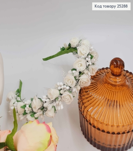 Обруч - венчик розы БЕЛОГО цвета с фатином, основа - металл, ручная работа, Украина. 25287 фото 3