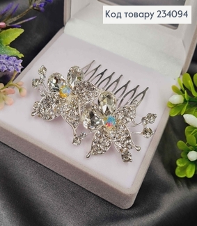 Гребінь у волосся, срібного кольору, дві лілії, в камінцях, 7,5см 234094 фото