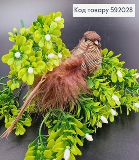 Флористическая заколка, 13см, ГОРОБЧИК из ткани в клетку, с хвостиком из перышка, Польша 592028 фото