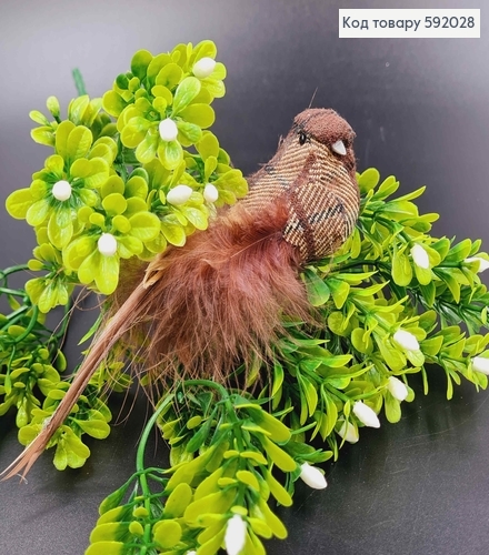 Флористична заколка, 13см, ГОРОБЧИК з тканини в клітинку, з хвостиком з пір'ячка, Польща 592028 фото 1