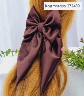 Бант КОРИЧНЕВОГО кольору, заколка 7,5см, тканина цупкий атлас, розмір 13*23см, Україна 272489 фото