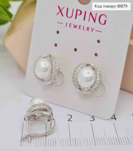 Серьги родованные с жемчужкой и блестящими камнями, 1,2см, английская застежка, Xuping 181879 фото 2