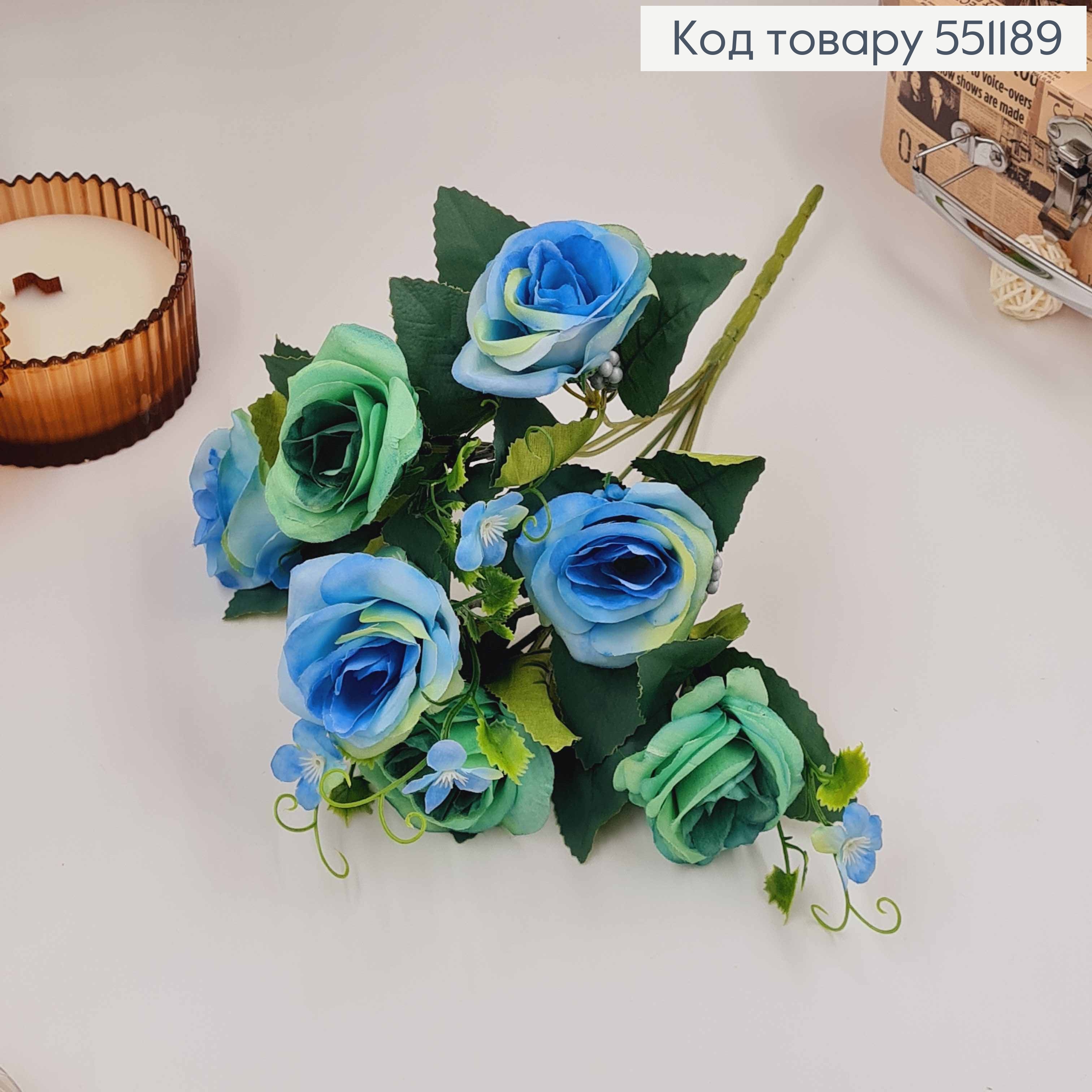 Композиция "Букет ГОЛУБЫЕ розы 7головок", высота 32см 551189 фото 2