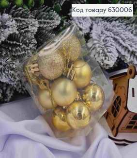 Набор игрушек 30 мм ЗОЛОТЫЕ, Китай ,12 шт,коробка, (глитер,матовые, глянцевые) 630006 фото