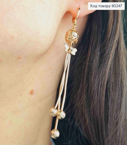 Сережки кільця з підвісними ланцюжками в камінця та з Метеликом, розмір 1,1+7,5см, Xuping 18K 110247 фото 3