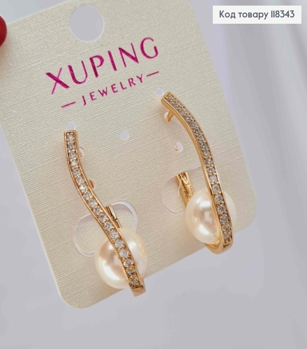Серьги овальные украшены камнями и жемчужиной внутри, 3см, английская застежка, XUPING 18K. 118343 фото 3