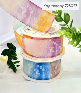 Лента тканевая, с принтом "Цветы" на разноцветной основе в ассортименте, ширина 4см, дл. 20м 728027 фото