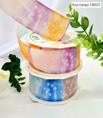 Лента тканевая, с принтом "Цветы" на разноцветной основе в ассортименте, ширина 4см, дл. 20м 728027 фото 1