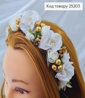 Віночок пластик,  плетений  БІЛІ квіти  з ЗОЛОТИМ додатком , ручна робота, Україна 25203 фото