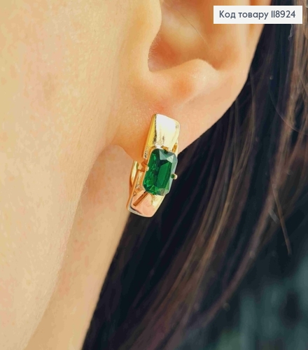 Сережки Прямокутні з Зеленим каменем, 1,6см, англійська застібка, Xuping 18K 118924 фото 1