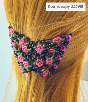 Заколка Монтера для волос черная с розовим цветочком 233918 фото