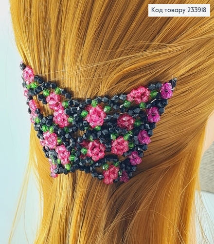 Заколка Монтера для волос черная с розовим цветочком 233918 фото 1