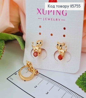 Серьги кольца 1см, Котики с красным камнем, Xuping 18K 115755 фото