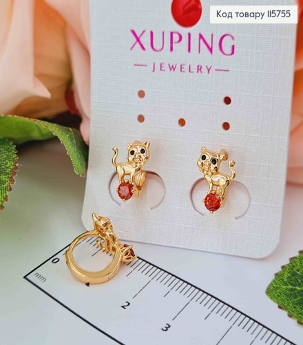 Сережки кільця 1см, Котики з червоненьким камінцем, Xuping 18K 115755 фото 1