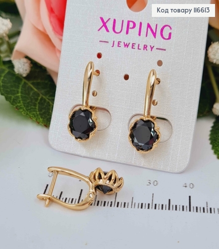Серьги "Лотос" с Чёрным камешком, 2см, англ. зам. Xuping 18К 116613 фото 2