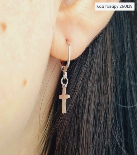 Серьги кольца (1,2см) с подвеской Крест 1,1*0,5см, серебряного цвета, сталь Stainless Steel 260129 фото 3