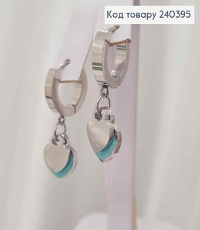 Серьги кольца серебряного цвета с подвесками сердечками цвета тиффани, сталь Stainless steel 240395 фото