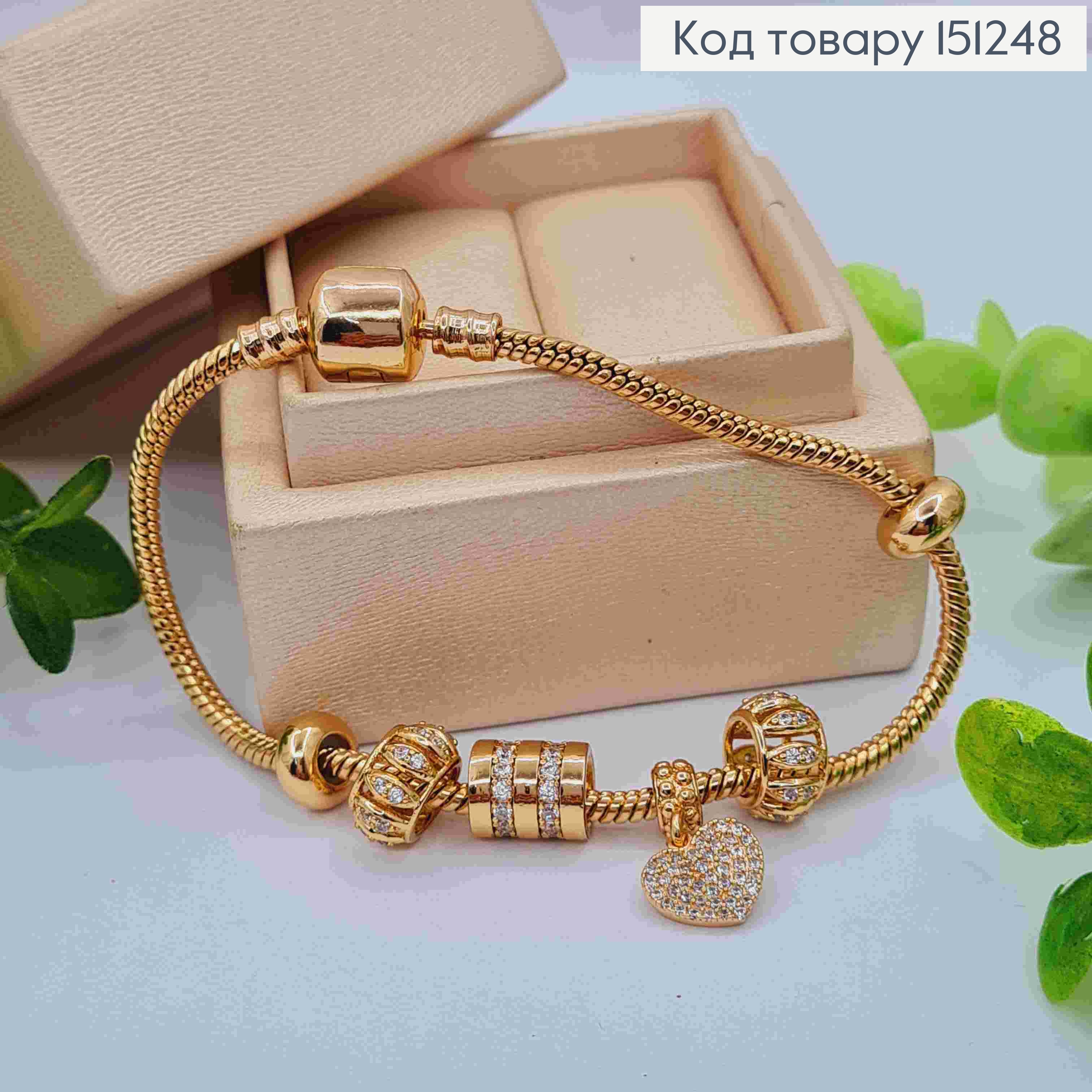 Браслет "Пандора" с Шармиком и Сердцем в Блестящих камнях, длина 19см, Xuping 18К 151248 фото 1