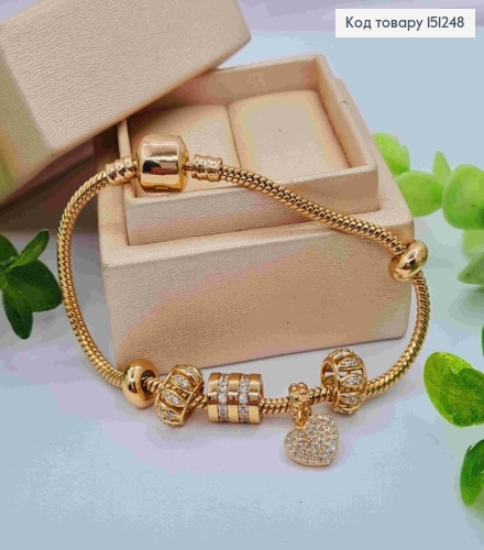 Браслет "Пандора" с Шармиком и Сердцем в Блестящих камнях, длина 19см, Xuping 18К 151248 фото 1