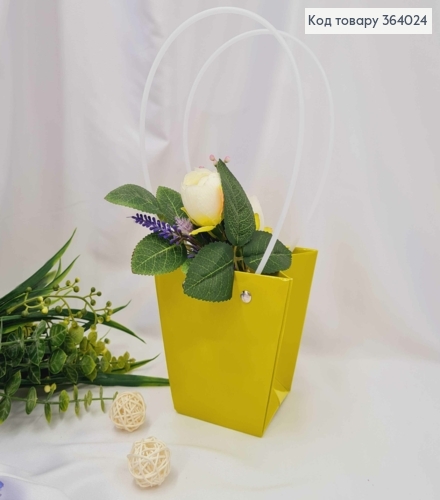 Флористична сумочка глянцева САЛАТОВА, конусна з пластик. ручками 12*12*12,5см 364024 фото 1