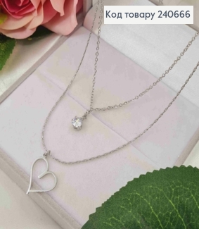 Ланцюжок подвійний срібного кольору, з підвісним Серцем та камінцем, 45+5см, сталь Stainless Steel 240666 фото