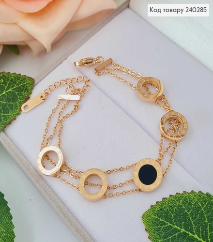 Браслет 16+5см Римские часы с черной эмалью, на цепочках цвет золотой, Stainless Steel 240285 фото 1