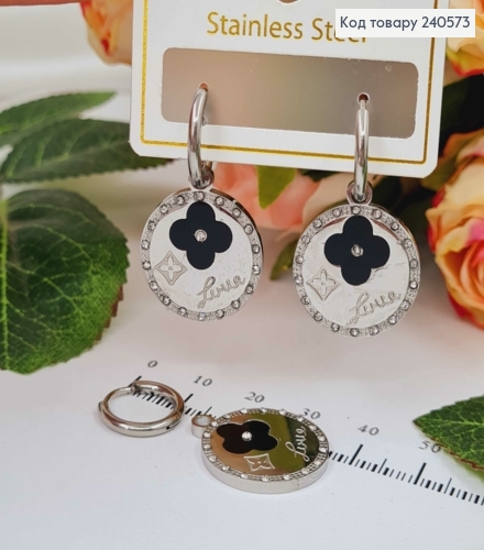 Серьги кольца, подвески "LV", с черной эмалькой, камешками, 1,5см, серебряного цвета, сталь Stainless Steel 260046 фото 1