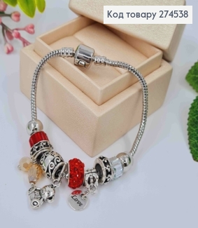 Браслет "ПАНДОРА", шармик с Красным камнем + (Love/Мишка/Бусины), серебряного цвета, бижутерия 274538 фото