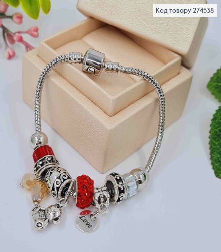 Браслет "ПАНДОРА", шармик с Красным камнем + (Love/Мишка/Бусины), серебряного цвета, бижутерия 274538 фото 1