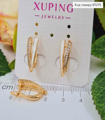 Серьги Стрелы, с белой эмалью и камешками, 1,8см, Xuping 18K 117075 фото 1