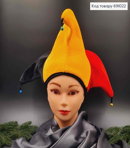 Шапочка Шута, карнавальная, с колокольчиками, красно-оранжево-черная, диам. 25см 691022 фото 2