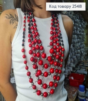 Намисто дерев'яне, в етнічному стилі, ЧЕРВОНО-ЧОРНОГО кольору, 90см, ручна робота 25418 фото