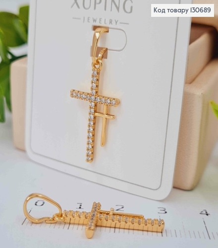 Крестик двойной с Блестящими камешками, 2,4*1,3см, Xuping 18К 130689 фото 1