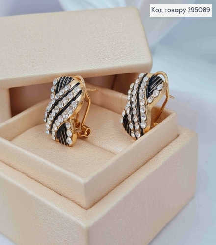 Вечерние-Свадебные серьги гвоздики с черной эмалью и блестящими камнями, 2см, золотого цвета. 295089 фото 1